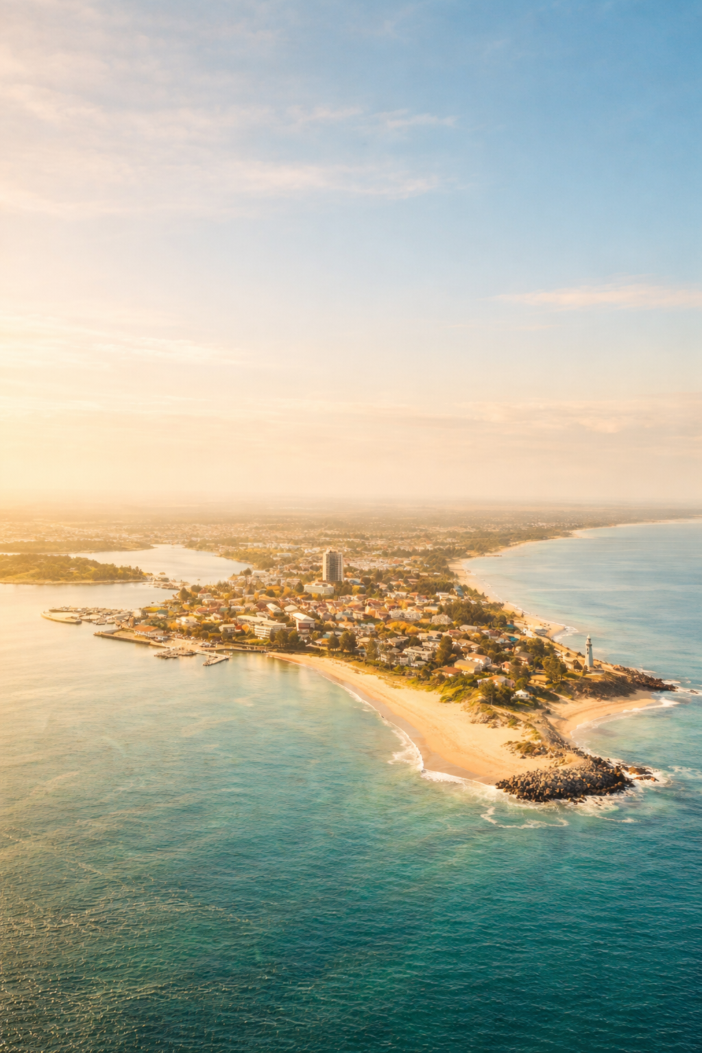 Aerial view of Bunbury coastline at golden hour