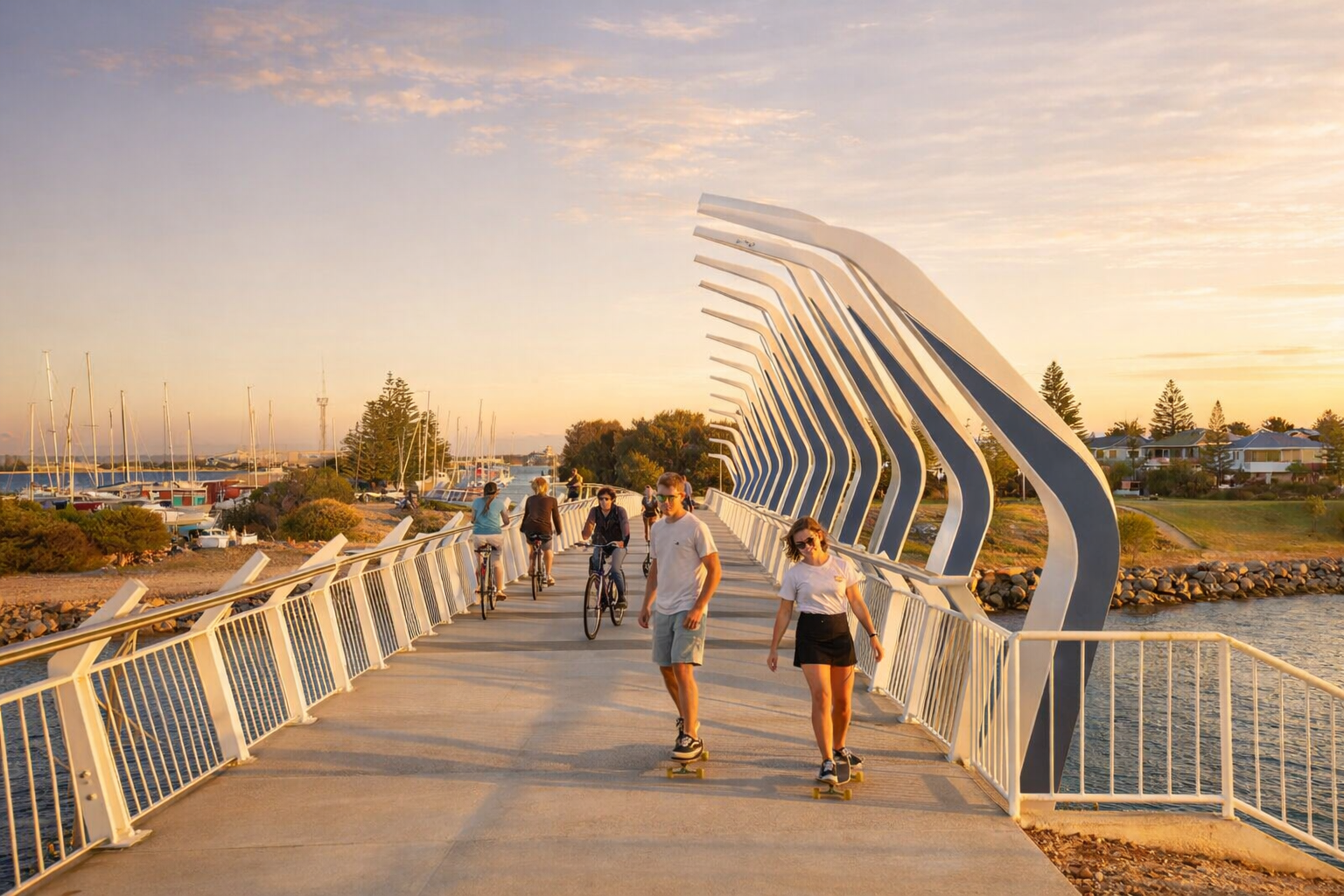 People walking and cycling on the Koombana Bay footbridge at sunset, Bunbury